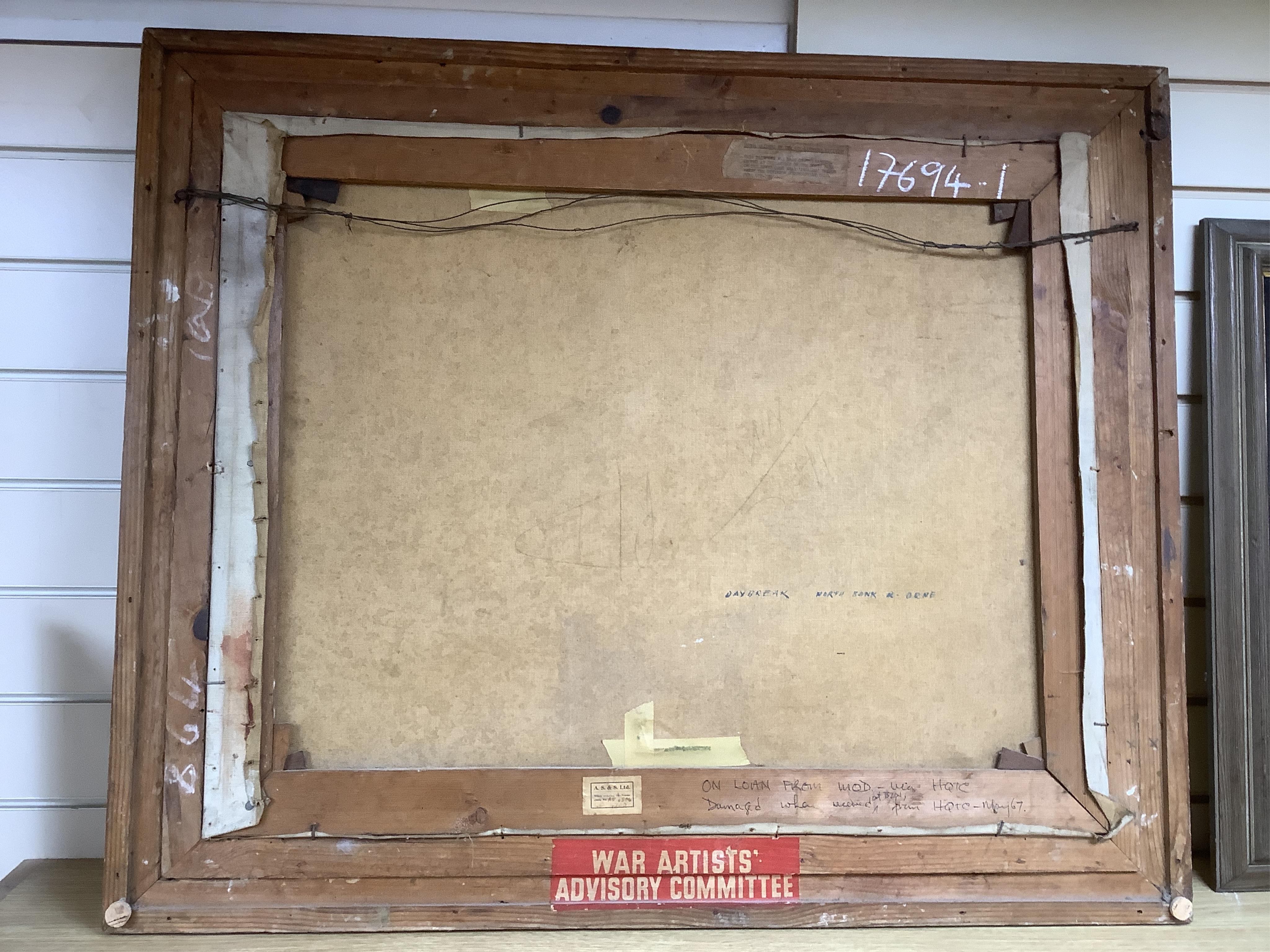 Frank Wootton (1911-1998), military interest oil on canvas, ‘Day Break’, signed, War Artists Comittee label verso, 59 x 75cm. Condition - rip to sky area of the canvas